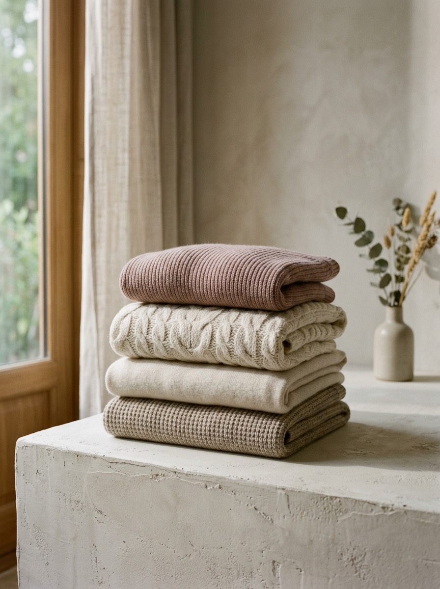 Folded knit garments in ecru, stone and dusty rose on a plaster ledge