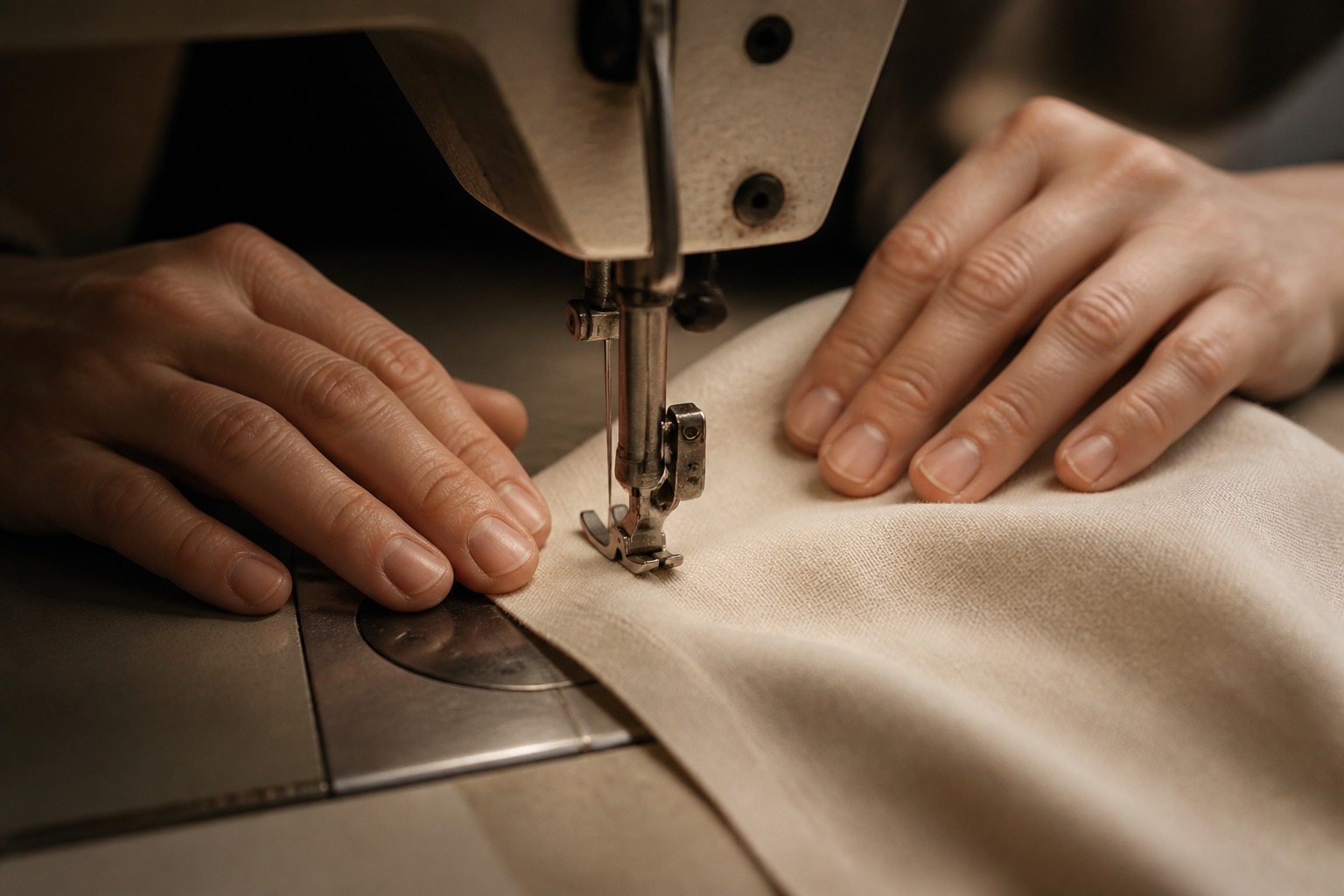 Hands guiding ecru fabric through an industrial sewing machine