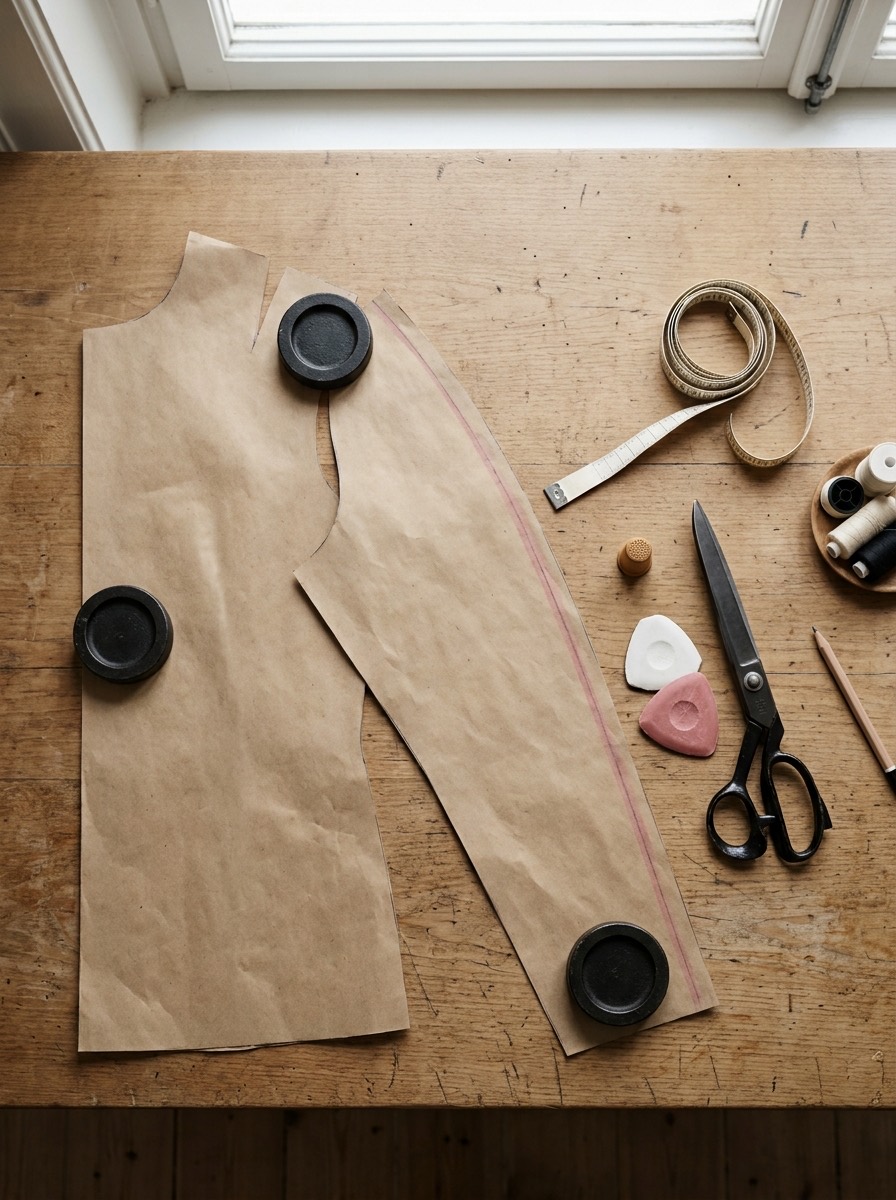 Kraft-paper patterns, shears and chalk on a cutting table, from above