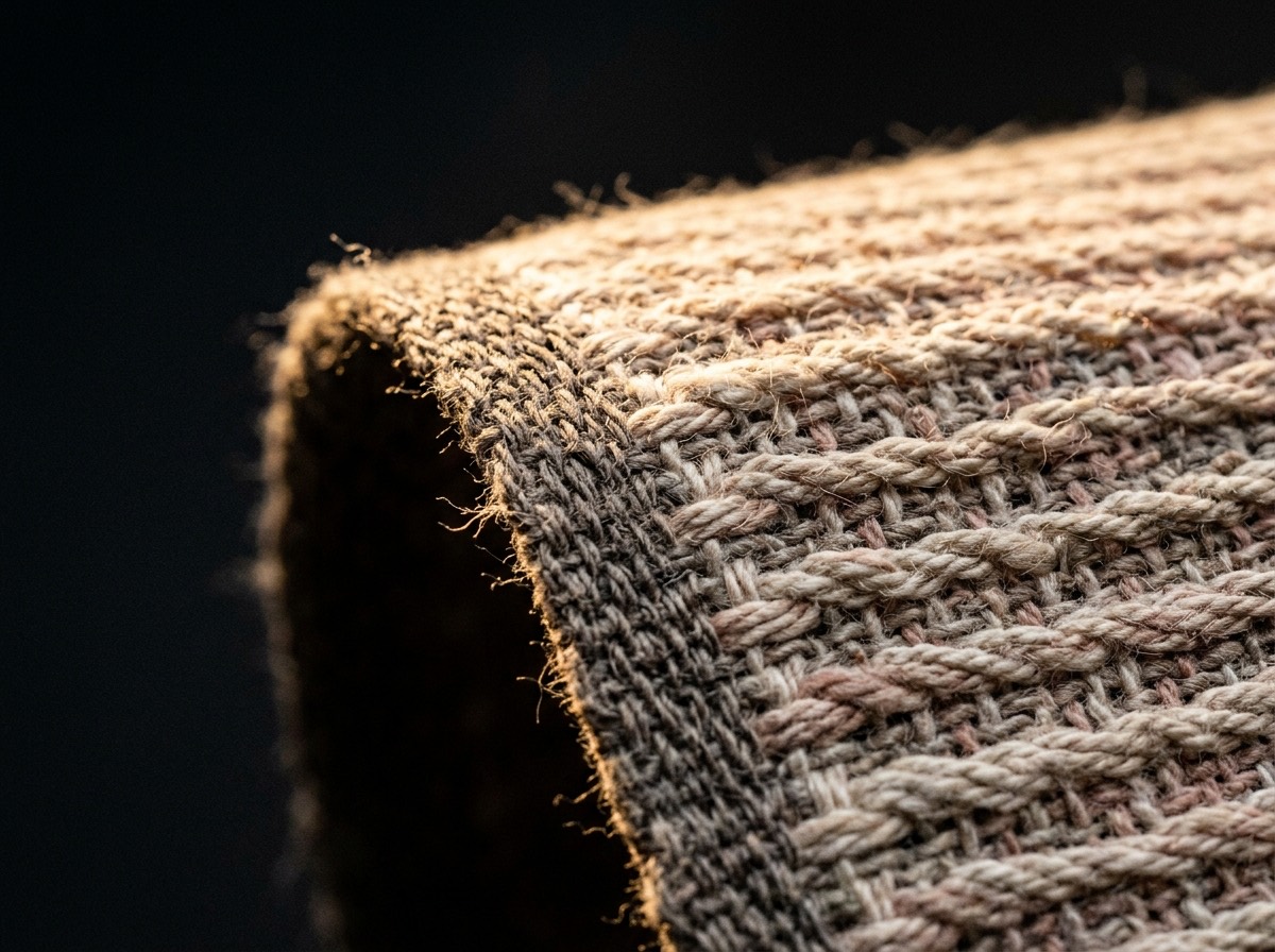 Macro of a ribbed cotton fabric edge and selvedge against black