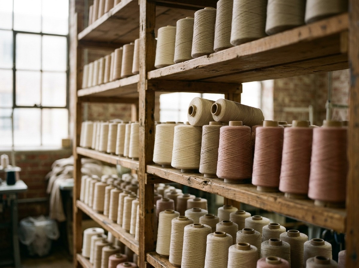 Thread cones in ecru and dusty rose on wooden atelier shelves